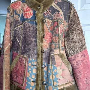 Coldwater Creek Women’s Faux Shearling Jacket size M/L Patchwork Print.